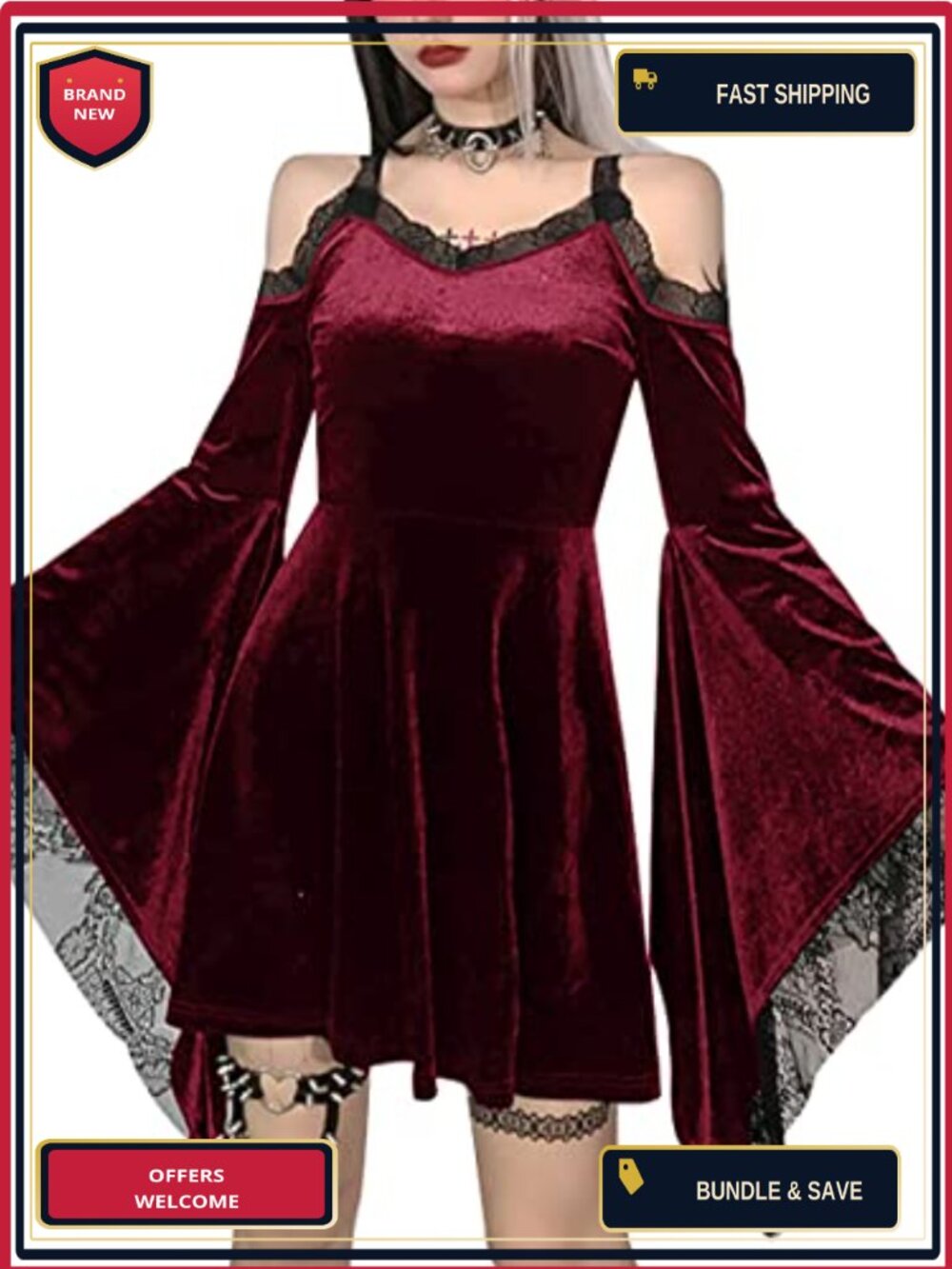 Gothic Velvet Halter Mini Dress Flare Sleeve Lace Ruffle Backless